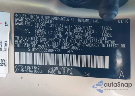 2011 Toyota Sienna Xle V6 z USA, uszkodzony, nr VIN 5TDYK3DC6BS004833